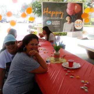 A joyful gathering with friends and festive decorations.
