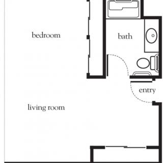 Simple floor plan layout of an apartment with a bedroom, living room, bath, and entry.
