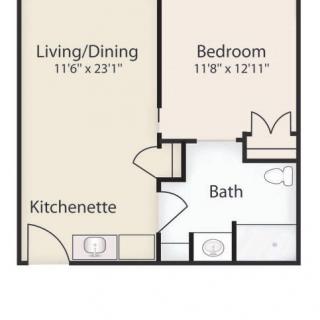 A basic floor plan of a one-bedroom apartment with a living/dining area, kitchenette, and bathroom.