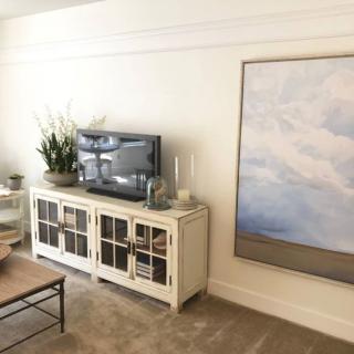 A cozy living room with a TV, decorative plants, and large framed artwork.