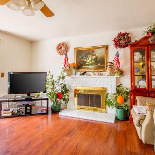 A cozy living room featuring a fireplace, television, and various decorations including plants and artwork.