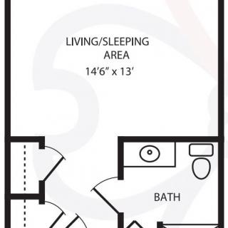 A studio apartment floor plan featuring a combined living and sleeping area and a bathroom.
