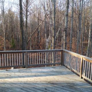 A wooden deck overlooking a forest of bare trees during winter.