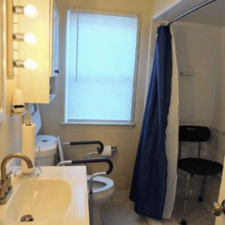 A bathroom with a sink, toilet, and shower area equipped with accessibility features.