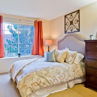 A cozy bedroom with a large bed and decorative pillows, illuminated by natural light from a window with red curtains.