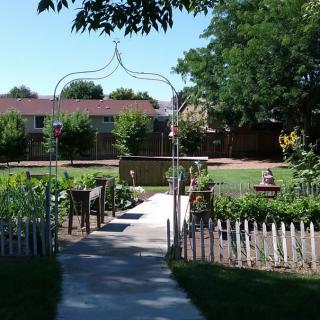 A peaceful garden with a pathway leading through neatly arranged plants and benches under a clear blue sky.