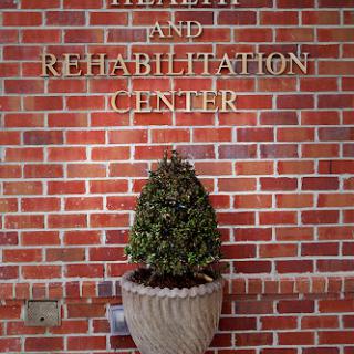 A welcoming entrance to a health and rehabilitation center with a brick wall and decorative plant.