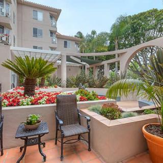 A cozy apartment patio with green plants and comfortable seating.