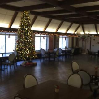 A festive interior with a decorated Christmas tree and seating area.