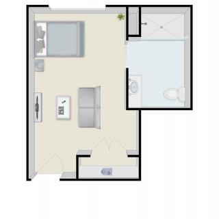 A floor plan of a compact studio apartment with an open living area and bathroom.