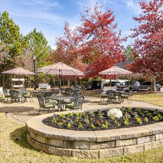 A serene outdoor seating area with tables, umbrellas, and vibrant autumn trees.