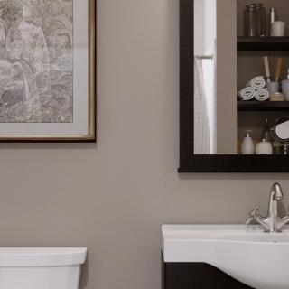 A modern bathroom with a sink, mirror, and wall art.