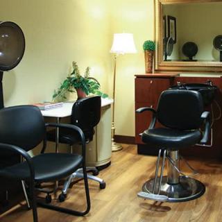 A cozy hair salon interior featuring a barber chair, mirror, lamp, and decorative plants.