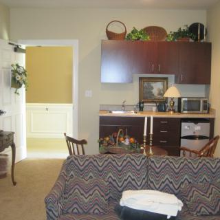 A cozy living area with a sofa and a small kitchenette in the background.