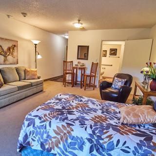 Spacious living area with a cozy arrangement of furniture including a sofa, armchair, and dining set.