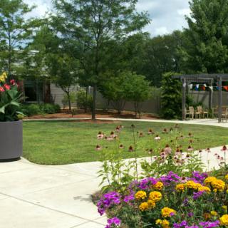 A beautiful garden with vibrant flowers and lush trees surrounding a paved pathway.