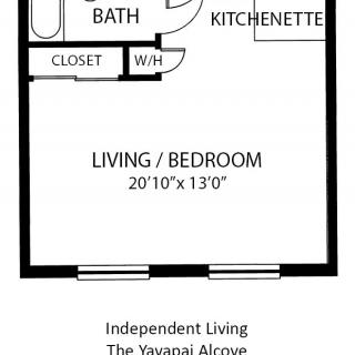 A floor plan of a studio apartment featuring a living/bedroom area, kitchenette, bath, closet, and W/H.