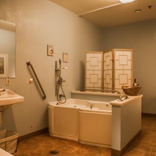 A cozy bathroom with a large bathtub and stylish decor.