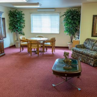 A cozy living room with a dining table and sofa set on a red carpet, surrounded by indoor plants and decor.