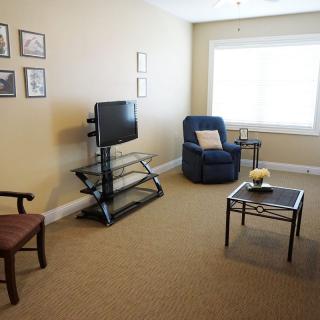 A cozy living room with a TV, armchair, and decorative elements.