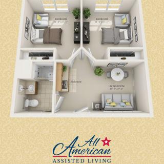 3D floor plan of a two-bedroom assisted living apartment from All American Assisted Living.