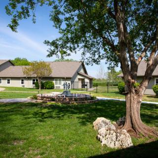 A peaceful garden setting with houses, surrounded by lush greenery and trees.
