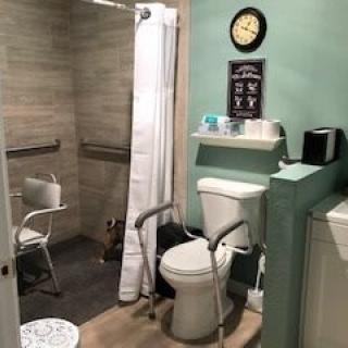 Accessible bathroom with handrails and shower area.
