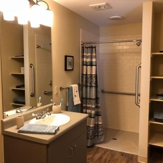 A well-organized bathroom with a sink, mirror, accessible shower, and storage shelves.