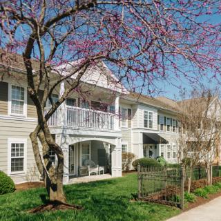 A picturesque residential building with blossoming trees and a well-maintained lawn.