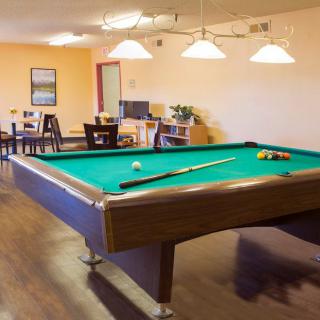 A cozy game room featuring a pool table and seating area.