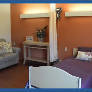 A cozy hospital room with a bed, sofa, and decorative elements.