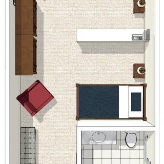A floor plan of a bedroom showing furniture arrangement and bathroom layout.