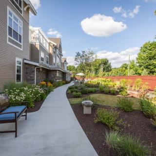 A landscaped garden pathway beside a residential building on a sunny day.