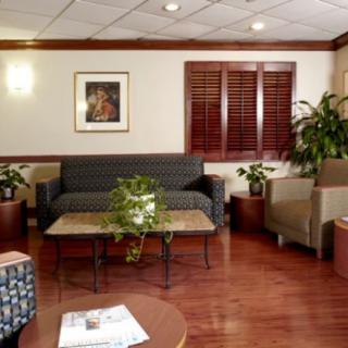 A cozy waiting room with comfortable seating, plants, and artwork.
