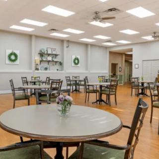 An empty dining room with round tables and chairs, decorated with greenery on the walls.