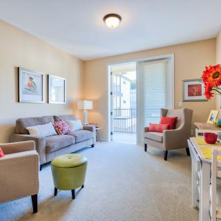 A cozy living room with modern furniture and colorful decor.