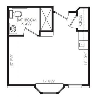 A simple floor plan showing a bedroom with an attached bathroom and closet.