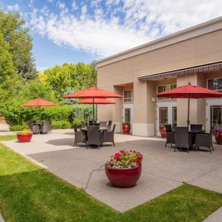 A sunny outdoor patio with red umbrellas and greenery surrounds.