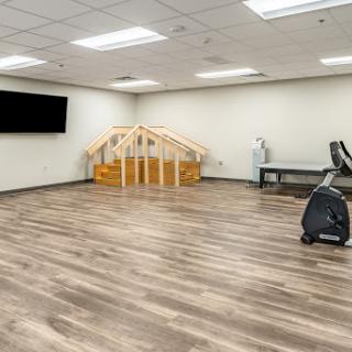 A spacious therapy room equipped for rehabilitation exercises, featuring a wooden structure and fitness equipment.