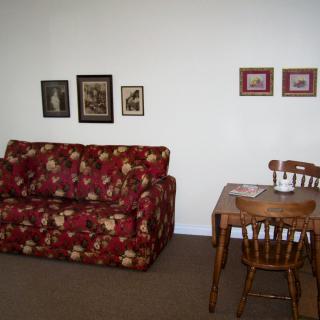 A cozy living room featuring a floral-patterned sofa, a small wooden table with a chair, and framed artwork on the wall.