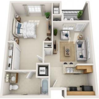 A 3D floor plan of a one-bedroom apartment featuring a living room, kitchen, and bathroom.