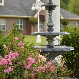 A charming garden scene with a decorative fountain surrounded by pink flowers and greenery.