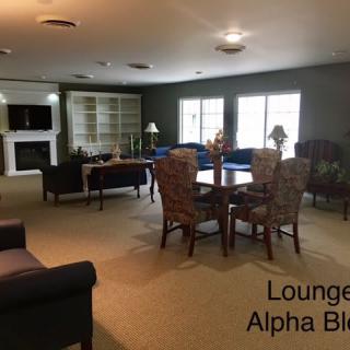 A cozy lounge area in Alpha Block with comfortable seating and a fireplace.