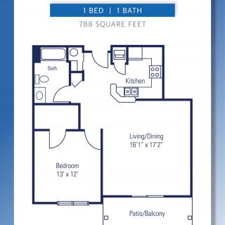 A floor plan for a 700 square foot apartment with 1 bedroom and 1 bathroom.