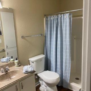 A small bathroom featuring a toilet, shower with a blue curtain, and a vanity with a sink and mirror.