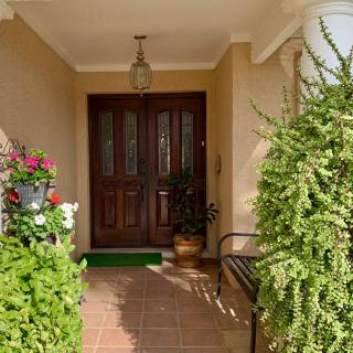 A welcoming front porch with a wooden door, adorned by lush plants and vibrant flowers.