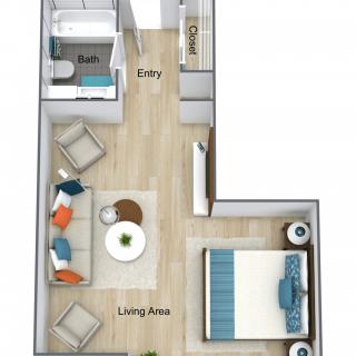 A 3D floor plan of a one-bedroom apartment with a living area, kitchen, and bathroom.