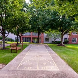 A scenic courtyard with a shuffleboard court, surrounded by trees and a bench.