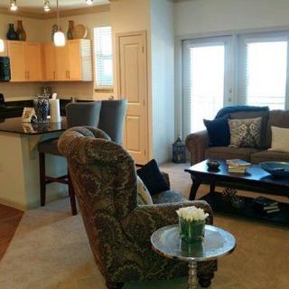 A cozy living room with an open kitchen layout, featuring comfortable furniture and tasteful decor.