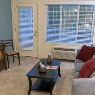 A cozy living room with a sofa, coffee table, and large window with blinds.